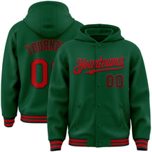 Load image into Gallery viewer, Custom Kelly Green Red-Black Bomber Full-Snap Varsity Letterman Hoodie Jacket
