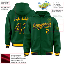 Load image into Gallery viewer, Custom Kelly Green Black-Gold Bomber Full-Snap Varsity Letterman Hoodie Jacket
