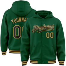 Load image into Gallery viewer, Custom Kelly Green Black-Old Gold Bomber Full-Snap Varsity Letterman Hoodie Jacket
