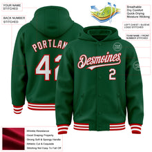 Load image into Gallery viewer, Custom Kelly Green White-Red Bomber Full-Snap Varsity Letterman Hoodie Jacket
