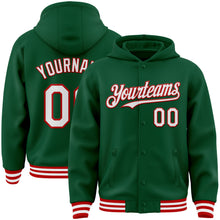 Load image into Gallery viewer, Custom Kelly Green White-Red Bomber Full-Snap Varsity Letterman Hoodie Jacket
