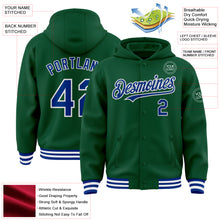 Load image into Gallery viewer, Custom Kelly Green Royal-White Bomber Full-Snap Varsity Letterman Hoodie Jacket
