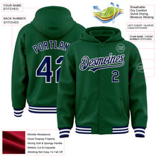 Load image into Gallery viewer, Custom Kelly Green Navy-White Bomber Full-Snap Varsity Letterman Hoodie Jacket
