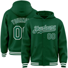 Load image into Gallery viewer, Custom Kelly Green White Bomber Full-Snap Varsity Letterman Hoodie Jacket
