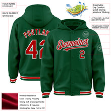 Load image into Gallery viewer, Custom Kelly Green Red-White Bomber Full-Snap Varsity Letterman Hoodie Jacket
