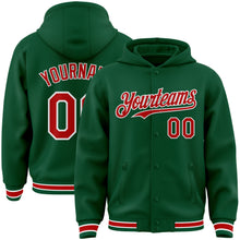 Load image into Gallery viewer, Custom Kelly Green Red-White Bomber Full-Snap Varsity Letterman Hoodie Jacket
