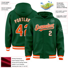 Load image into Gallery viewer, Custom Kelly Green Orange-White Bomber Full-Snap Varsity Letterman Hoodie Jacket
