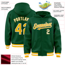 Load image into Gallery viewer, Custom Kelly Green Gold-White Bomber Full-Snap Varsity Letterman Hoodie Jacket
