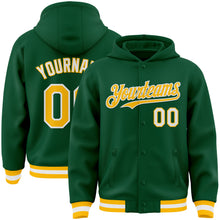 Load image into Gallery viewer, Custom Kelly Green Gold-White Bomber Full-Snap Varsity Letterman Hoodie Jacket
