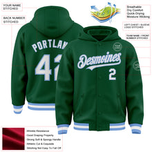 Load image into Gallery viewer, Custom Kelly Green White-Light Blue Bomber Full-Snap Varsity Letterman Hoodie Jacket
