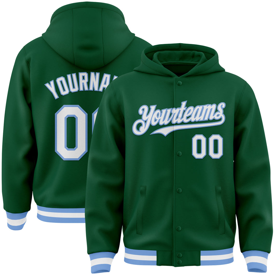 Custom Kelly Green White-Light Blue Bomber Full-Snap Varsity Letterman Hoodie Jacket