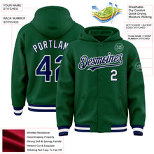 Load image into Gallery viewer, Custom Kelly Green Navy-White Bomber Full-Snap Varsity Letterman Hoodie Jacket
