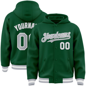 Custom Kelly Green Gray-White Bomber Full-Snap Varsity Letterman Hoodie Jacket