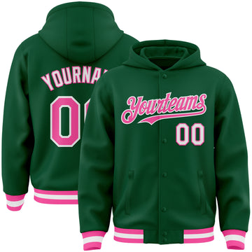 Custom Kelly Green Pink-White Bomber Full-Snap Varsity Letterman Hoodie Jacket