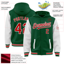 Load image into Gallery viewer, Custom Kelly Green Red-White Bomber Full-Snap Varsity Letterman Two Tone Hoodie Jacket
