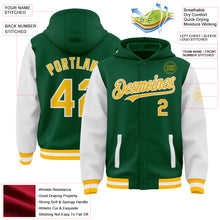 Load image into Gallery viewer, Custom Kelly Green Gold-White Bomber Full-Snap Varsity Letterman Two Tone Hoodie Jacket
