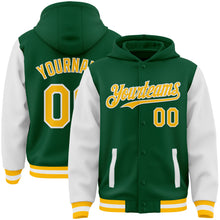 Load image into Gallery viewer, Custom Kelly Green Gold-White Bomber Full-Snap Varsity Letterman Two Tone Hoodie Jacket
