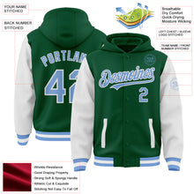 Load image into Gallery viewer, Custom Kelly Green Light Blue-White Bomber Full-Snap Varsity Letterman Two Tone Hoodie Jacket
