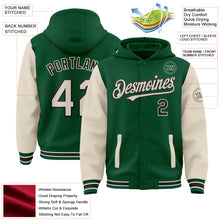 Load image into Gallery viewer, Custom Kelly Green Cream-Black Bomber Full-Snap Varsity Letterman Two Tone Hoodie Jacket
