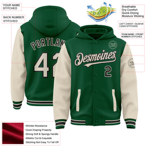 Custom Kelly Green Cream-Black Bomber Full-Snap Varsity Letterman Two Tone Hoodie Jacket