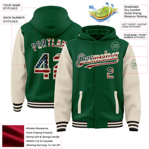 Custom Kelly Green Vintage USA Flag Cream-Black Bomber Full-Snap Varsity Letterman Two Tone Hoodie Jacket