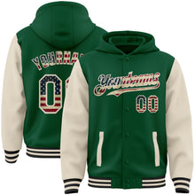 Load image into Gallery viewer, Custom Kelly Green Vintage USA Flag Cream-Black Bomber Full-Snap Varsity Letterman Two Tone Hoodie Jacket
