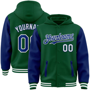 Custom Kelly Green Royal-White Bomber Full-Snap Varsity Letterman Two Tone Hoodie Jacket