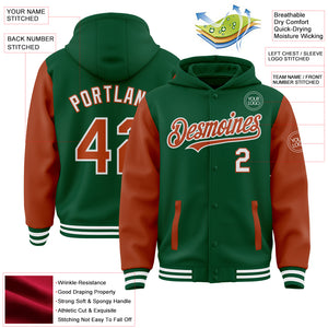 Custom Kelly Green Texas Orange-White Bomber Full-Snap Varsity Letterman Two Tone Hoodie Jacket