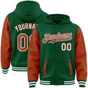 Custom Kelly Green Texas Orange-White Bomber Full-Snap Varsity Letterman Two Tone Hoodie Jacket