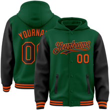 Load image into Gallery viewer, Custom Kelly Green Black-Orange Bomber Full-Snap Varsity Letterman Two Tone Hoodie Jacket
