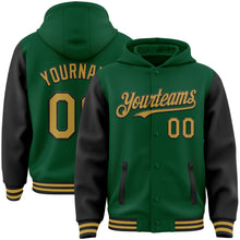 Load image into Gallery viewer, Custom Kelly Green Old Gold-Black Bomber Full-Snap Varsity Letterman Two Tone Hoodie Jacket
