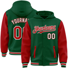 Load image into Gallery viewer, Custom Kelly Green Red-White Bomber Full-Snap Varsity Letterman Two Tone Hoodie Jacket
