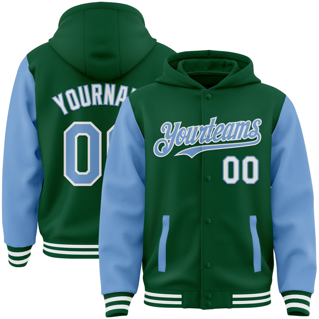 Custom Kelly Green Light Blue-White Bomber Full-Snap Varsity Letterman Two Tone Hoodie Jacket