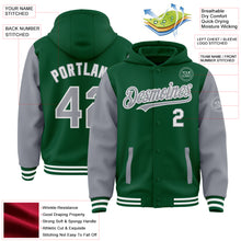 Load image into Gallery viewer, Custom Kelly Green Gray-White Bomber Full-Snap Varsity Letterman Two Tone Hoodie Jacket
