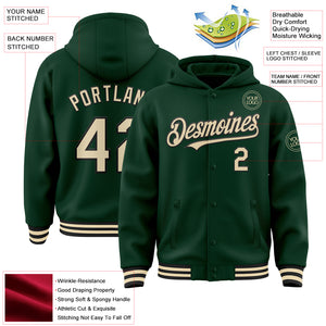 Custom Green Cream-Black Bomber Full-Snap Varsity Letterman Hoodie Jacket