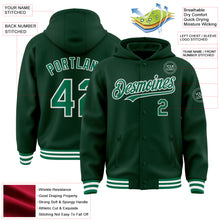 Load image into Gallery viewer, Custom Green Kelly Green-White Bomber Full-Snap Varsity Letterman Hoodie Jacket
