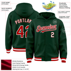 Custom Green Red-White Bomber Full-Snap Varsity Letterman Hoodie Jacket