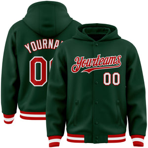 Custom Green Red-White Bomber Full-Snap Varsity Letterman Hoodie Jacket