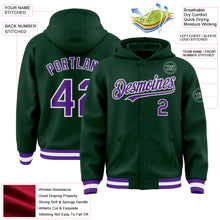 Load image into Gallery viewer, Custom Green Purple-White Bomber Full-Snap Varsity Letterman Hoodie Jacket
