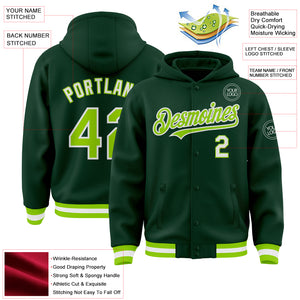 Custom Green Neon Green-White Bomber Full-Snap Varsity Letterman Hoodie Jacket