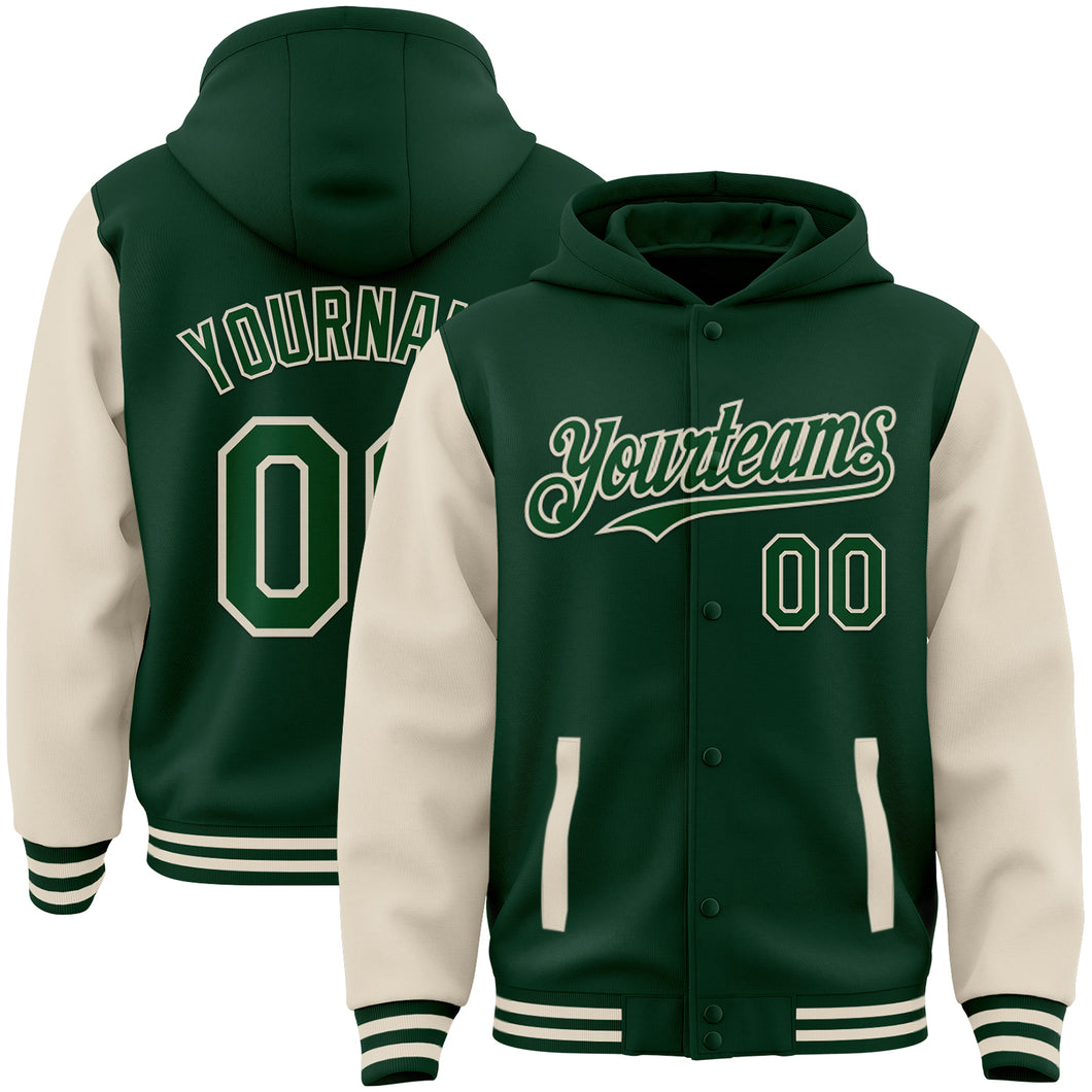 Custom Green Cream Bomber Full-Snap Varsity Letterman Two Tone Hoodie Jacket