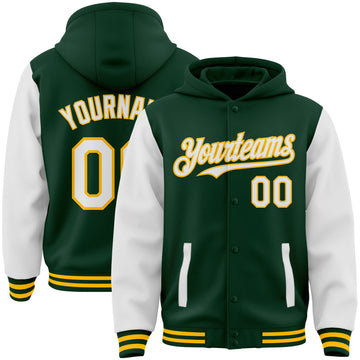 Custom Green White-Gold Bomber Full-Snap Varsity Letterman Two Tone Hoodie Jacket