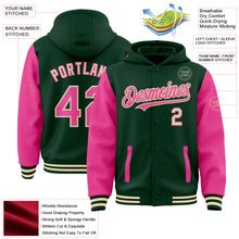 Load image into Gallery viewer, Custom Green Pink-Cream Bomber Full-Snap Varsity Letterman Two Tone Hoodie Jacket
