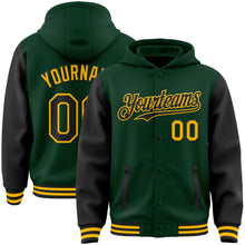 Load image into Gallery viewer, Custom Green Black-Gold Bomber Full-Snap Varsity Letterman Two Tone Hoodie Jacket
