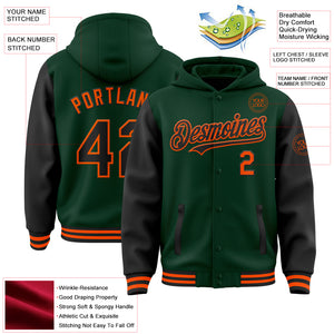 Custom Green Black-Orange Bomber Full-Snap Varsity Letterman Two Tone Hoodie Jacket