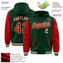 Load image into Gallery viewer, Custom Green Red-Cream Bomber Full-Snap Varsity Letterman Two Tone Hoodie Jacket
