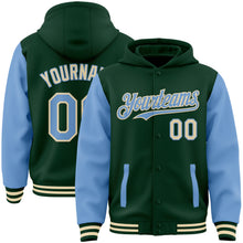 Load image into Gallery viewer, Custom Green Light Blue-Cream Bomber Full-Snap Varsity Letterman Two Tone Hoodie Jacket
