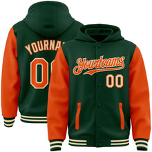 Load image into Gallery viewer, Custom Green Orange-Cream Bomber Full-Snap Varsity Letterman Two Tone Hoodie Jacket
