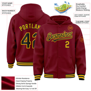 Custom Crimson Black-Gold Bomber Full-Snap Varsity Letterman Hoodie Jacket