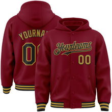 Load image into Gallery viewer, Custom Crimson Black-Old Gold Bomber Full-Snap Varsity Letterman Hoodie Jacket
